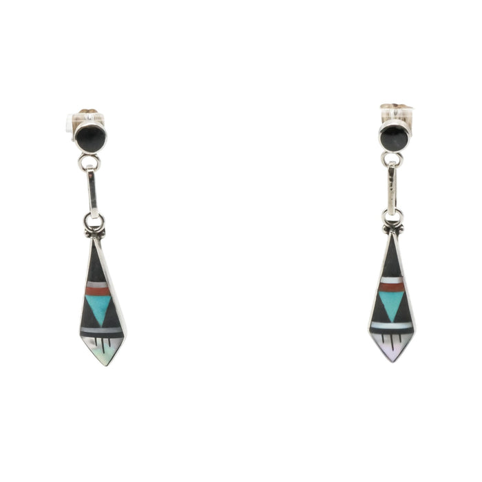 Delberta Boone Zuni Native American Turquoise Inlay Sterling Silver Dangle Earrings