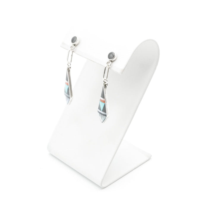 Delberta Boone Zuni Native American Turquoise Inlay Sterling Silver Dangle Earrings