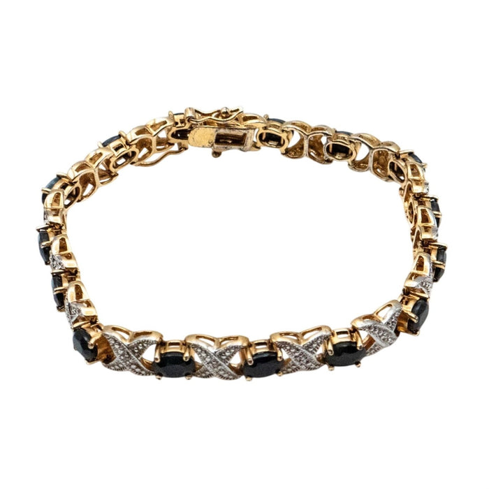 Diamond & Sapphire X’s and O’s Bracelet – Gold Plated Sterling Silver 7.5 Inch Tennis Bracelet
