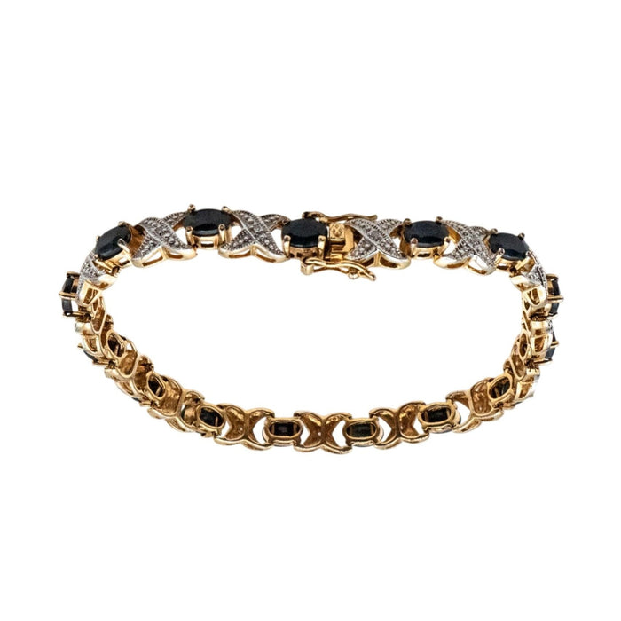 Diamond & Sapphire X’s and O’s Bracelet – Gold Plated Sterling Silver 7.5 Inch Tennis Bracelet