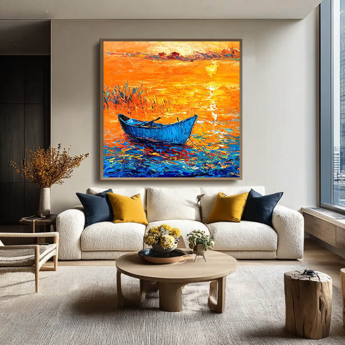 Docking at Sundown framed seascape canvas print in a modern room