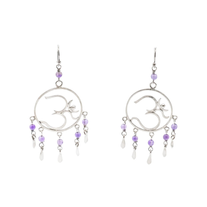 Dreamcatcher Om Sterling Silver Amethyst Dangle Earrings 2.75 Inches