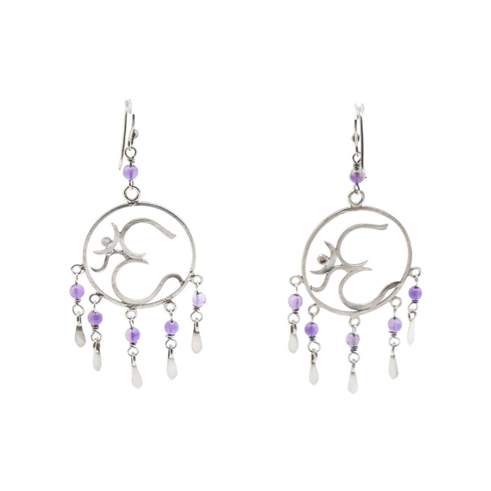 Dreamcatcher Om Sterling Silver Amethyst Dangle Earrings 2.75 Inches