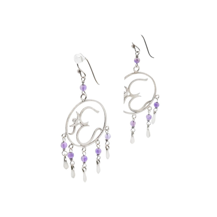 Dreamcatcher Om Sterling Silver Amethyst Dangle Earrings 2.75 Inches