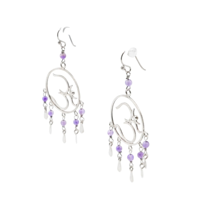 Dreamcatcher Om Sterling Silver Amethyst Dangle Earrings 2.75 Inches