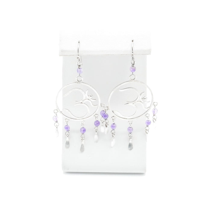 Dreamcatcher Om Sterling Silver Amethyst Dangle Earrings 2.75 Inches