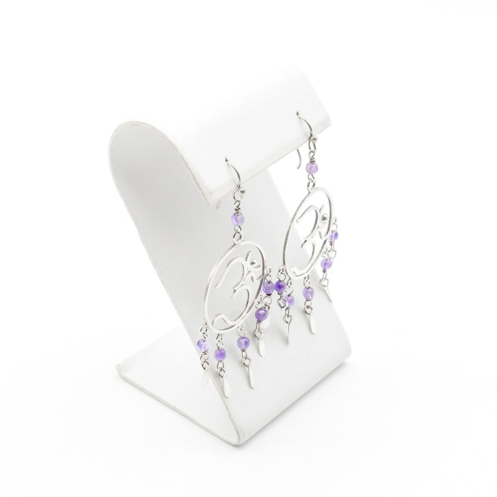 Dreamcatcher Om Sterling Silver Amethyst Dangle Earrings 2.75 Inches