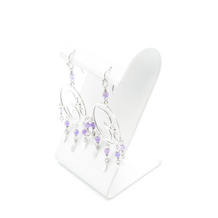 Dreamcatcher Om Sterling Silver Amethyst Dangle Earrings 2.75 Inches