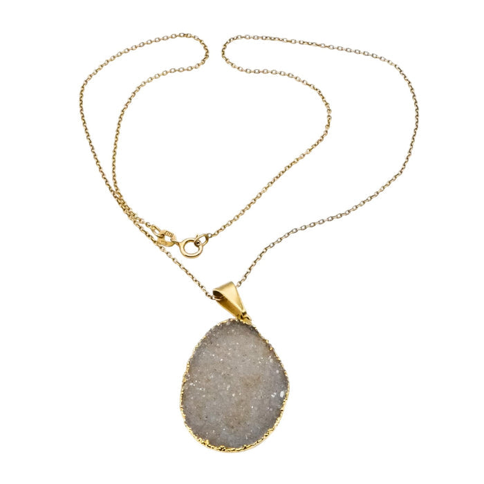 Druzy Agate Yellow Gold Plated Pendant And Sterling Silver Necklace