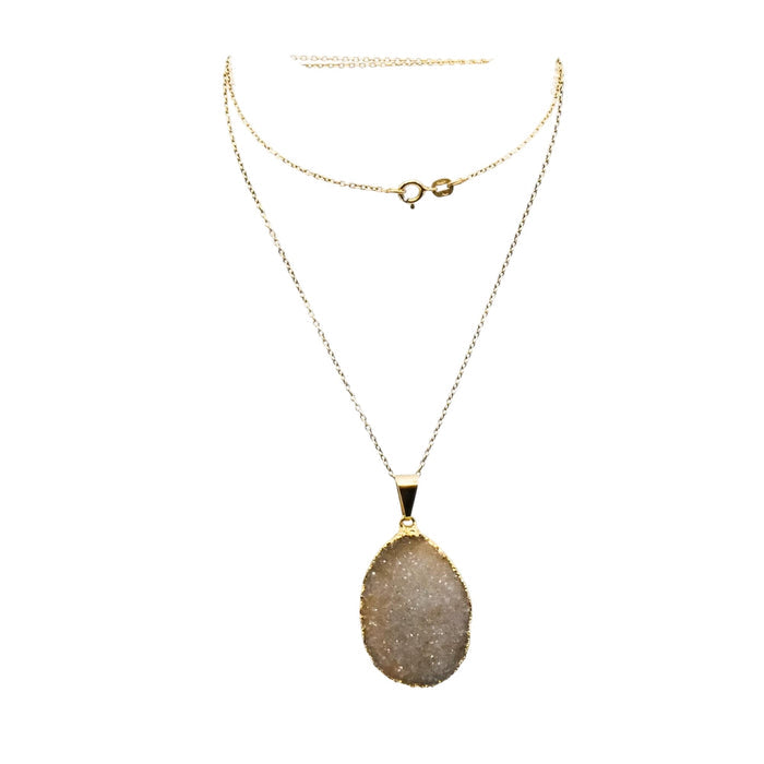 Druzy Agate Yellow Gold Plated Pendant And Sterling Silver Necklace