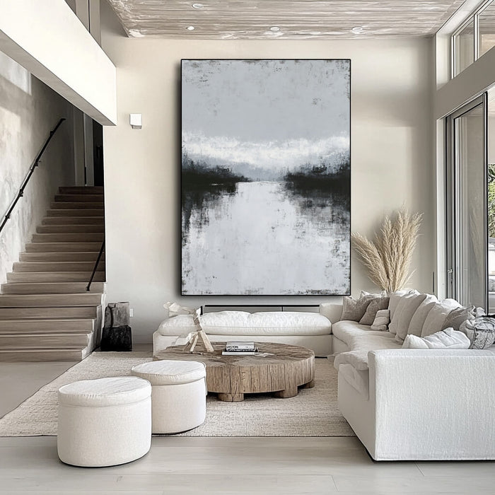 Endless Lake framed canvas print styled in a serene contemporary room