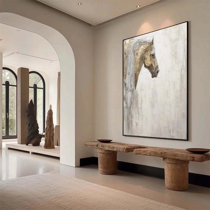 Vertical Horse Portrait Oil Painting with Embossed Texture and Vintage Finish - Ethereal Stallion - Hues Art Lab