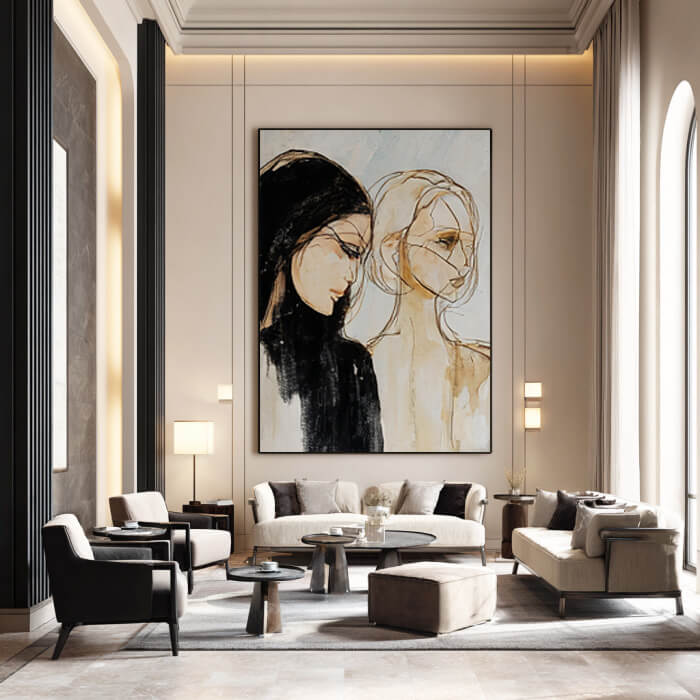 Expressive Silhouettes framed canvas print styled in a modern interior