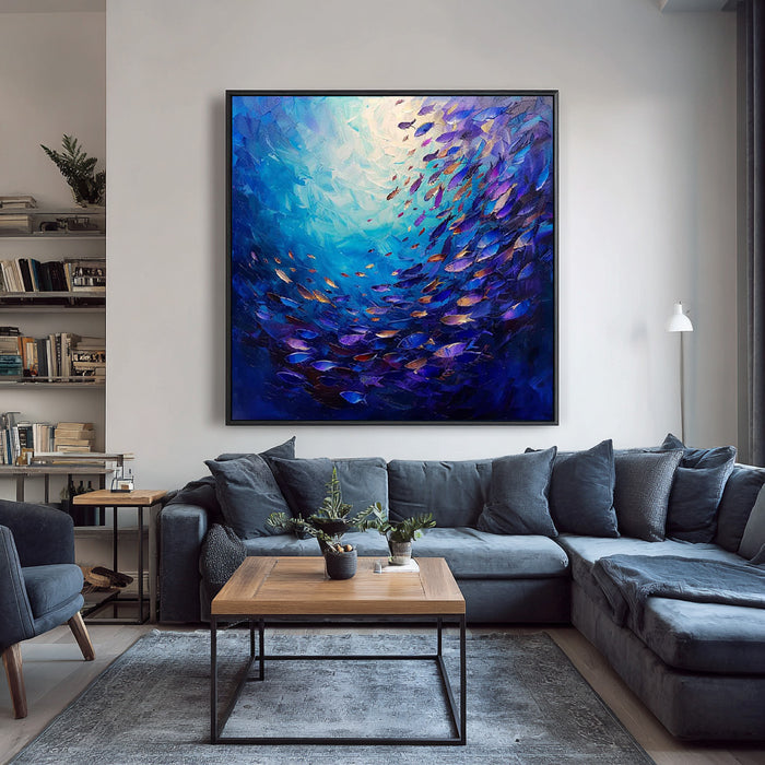 Fish Swirl framed deep sea canvas print styled in a modern room