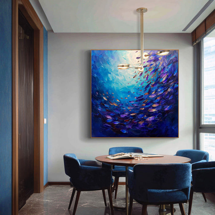 Fish Swirl textured painting with circling fish and blue water rhythm