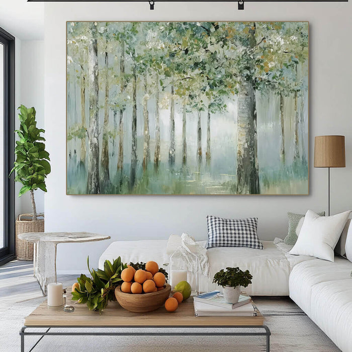 Floating Green Shadows large texture impasto forest wall art by Hues Art Lab