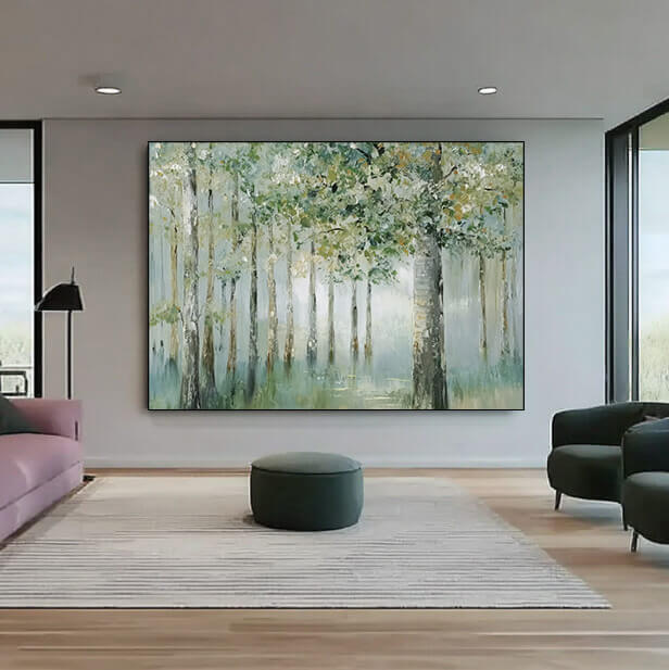 Floating Green Shadows framed canvas print styled in a natural modern room