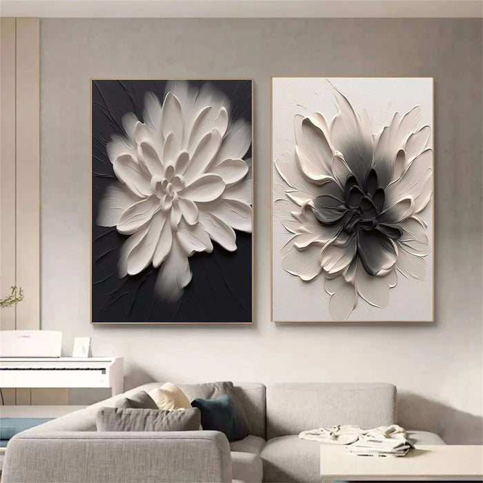 Set of 2 Black and White Floral Wall Art - Textured Petal Paintings for Modern Minimalist Living Room - Floral Shadows - Hues Art Lab