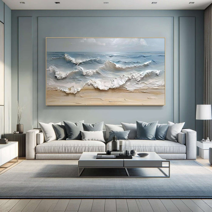 Large Hand-Painted Beach and Sea Texture Artwork in Blue and White Tones - Foamrise - Hues Art Lab