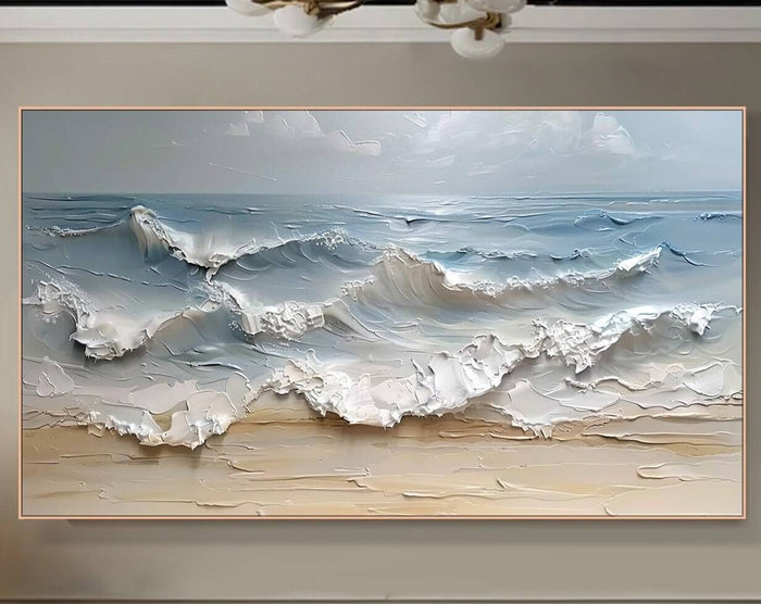 Large Hand-Painted Beach and Sea Texture Artwork in Blue and White Tones - Foamrise - Hues Art Lab