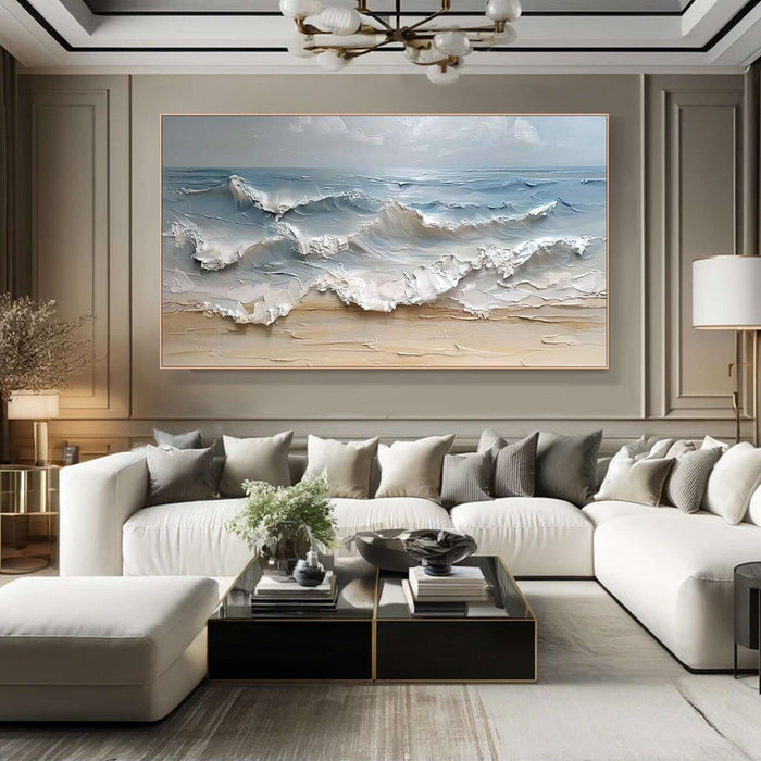 Large Hand-Painted Beach and Sea Texture Artwork in Blue and White Tones - Foamrise - Hues Art Lab