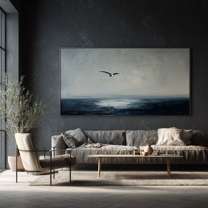 Freedom Beneath the Sky framed ocean canvas print styled in a modern room