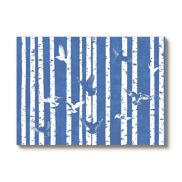 Geometry of the Flight birch forest artwork with flying bird and blue white forms