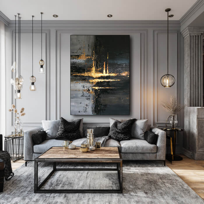 Glimmer in the Abyss framed canvas print styled in a contemporary room