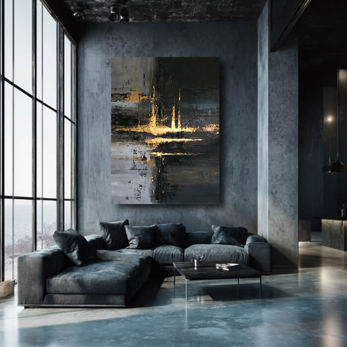 Glimmer in the Abyss moody abstract painting with atmospheric depth