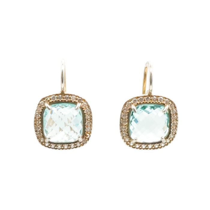 Gold Plated Sterling Blue CZ Halo Dangle Earrings 3/4" Dangle Rose Cut