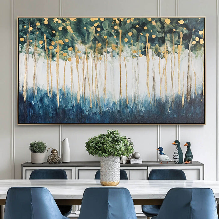 Abstract Forest Painting - Gold and Green Tree Canvas Wall Art - Golden Canopy - Hues Art Lab