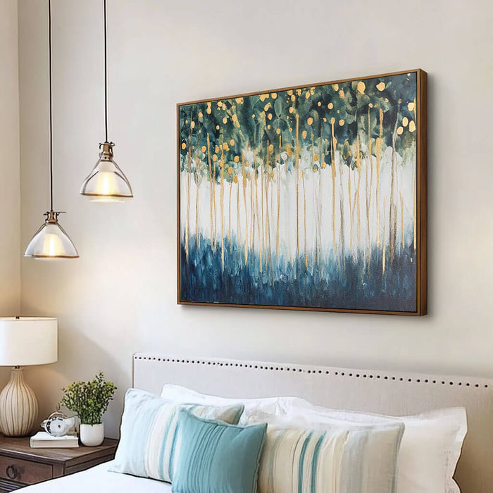 Abstract Forest Painting - Gold and Green Tree Canvas Wall Art - Golden Canopy - Hues Art Lab