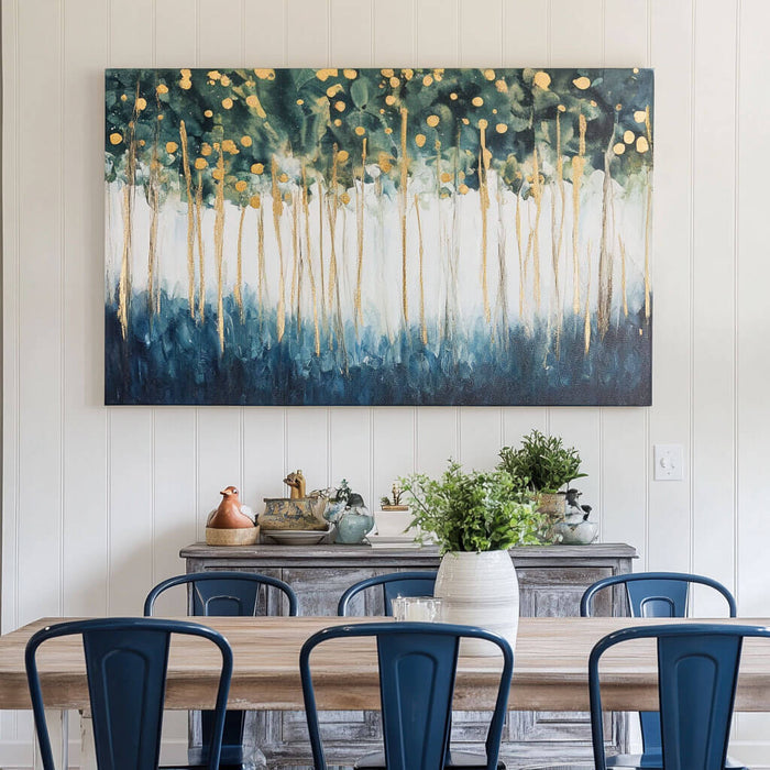 Abstract Forest Painting - Gold and Green Tree Canvas Wall Art - Golden Canopy - Hues Art Lab