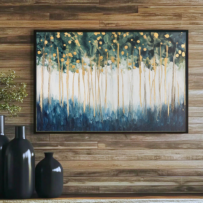 Abstract Forest Painting - Gold and Green Tree Canvas Wall Art - Golden Canopy - Hues Art Lab