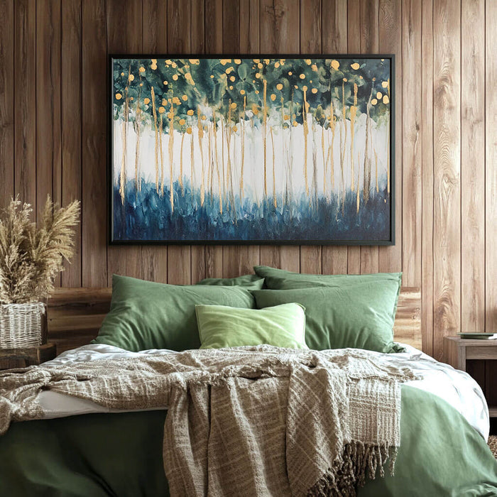 Abstract Forest Painting - Gold and Green Tree Canvas Wall Art - Golden Canopy - Hues Art Lab