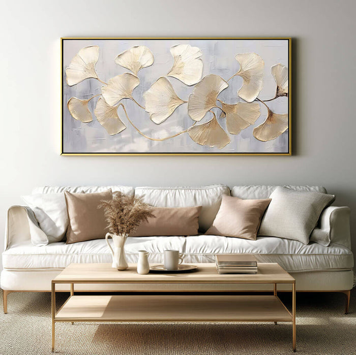 Modern Botanical Artwork - Hand-Painted Silver and Gold Ginkgo Leaves - Golden Drift - Hues Art Lab