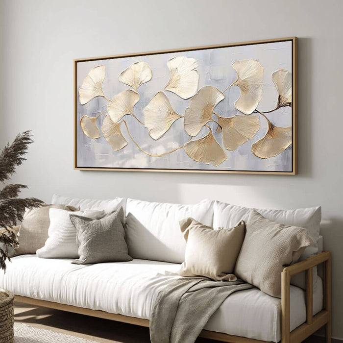Modern Botanical Artwork - Hand-Painted Silver and Gold Ginkgo Leaves - Golden Drift - Hues Art Lab