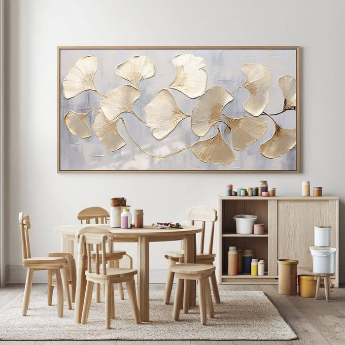 Modern Botanical Artwork - Hand-Painted Silver and Gold Ginkgo Leaves - Golden Drift - Hues Art Lab