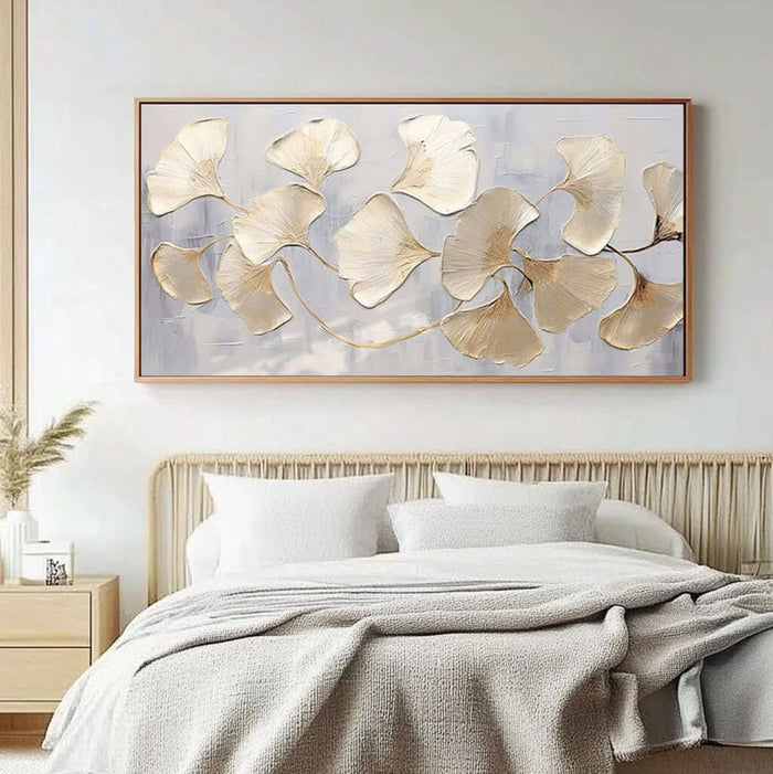 Modern Botanical Artwork - Hand-Painted Silver and Gold Ginkgo Leaves - Golden Drift - Hues Art Lab