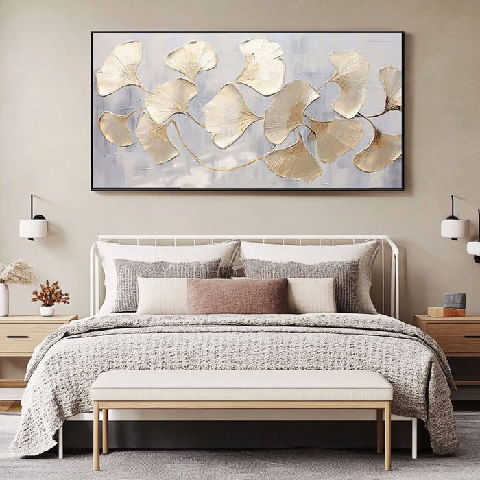 Modern Botanical Artwork - Hand-Painted Silver and Gold Ginkgo Leaves - Golden Drift - Hues Art Lab
