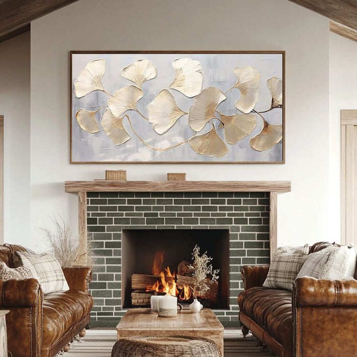 Modern Botanical Artwork - Hand-Painted Silver and Gold Ginkgo Leaves - Golden Drift - Hues Art Lab