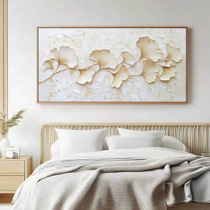 Minimalist Ginkgo Leaf Wall Art - 3D Texture Botanical Canvas Painting - Golden Drift I - Hues Art Lab