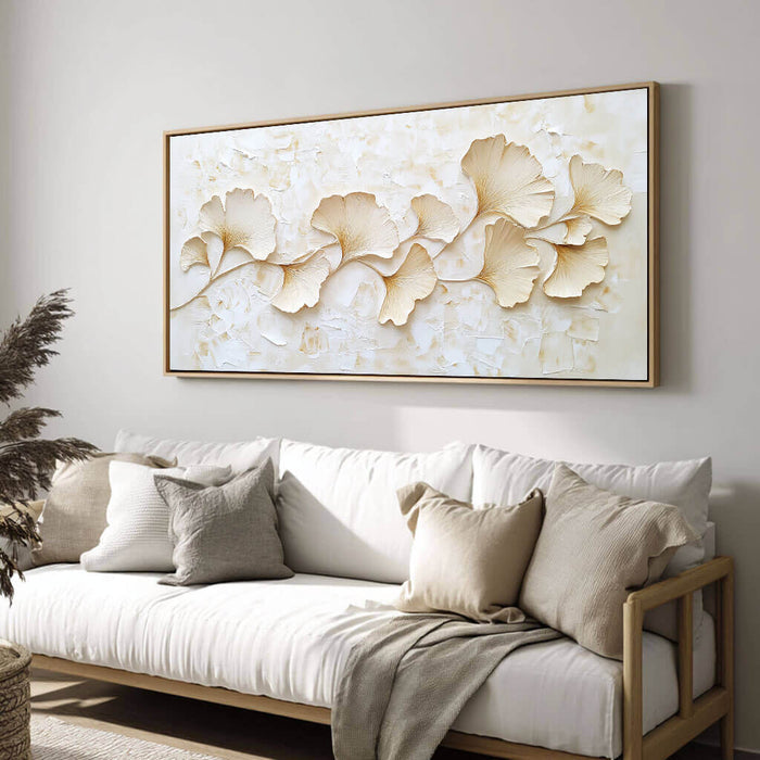Minimalist Ginkgo Leaf Wall Art - 3D Texture Botanical Canvas Painting - Golden Drift I - Hues Art Lab