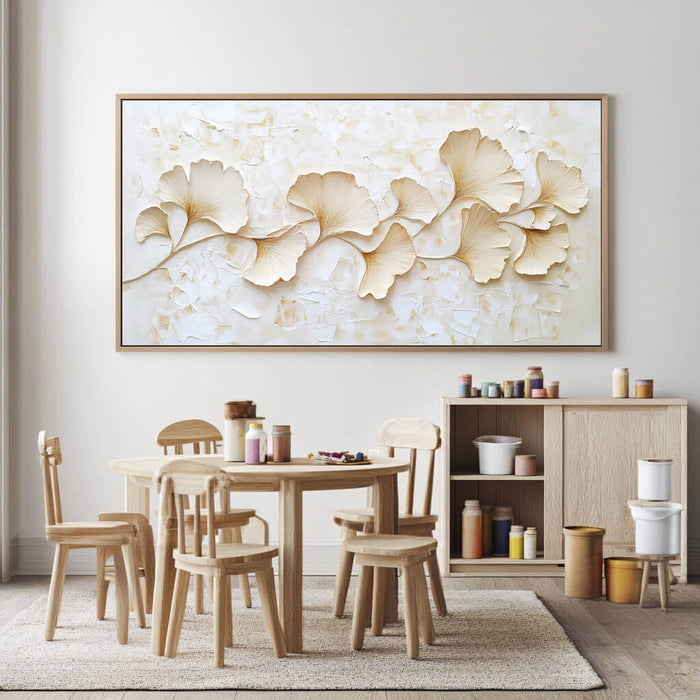 Minimalist Ginkgo Leaf Wall Art - 3D Texture Botanical Canvas Painting - Golden Drift I - Hues Art Lab
