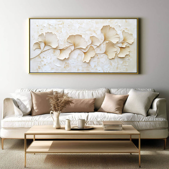 Minimalist Ginkgo Leaf Wall Art - 3D Texture Botanical Canvas Painting - Golden Drift I - Hues Art Lab