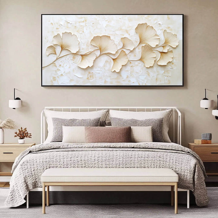 Minimalist Ginkgo Leaf Wall Art - 3D Texture Botanical Canvas Painting - Golden Drift I - Hues Art Lab