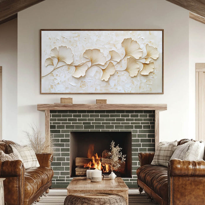 Minimalist Ginkgo Leaf Wall Art - 3D Texture Botanical Canvas Painting - Golden Drift I - Hues Art Lab