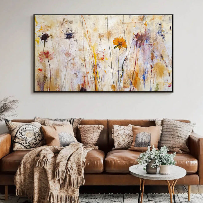 Large Abstract Floral Landscape Wall Art - Colorful Hand-Painted Canvas - Golden Hour - Hues Art Lab