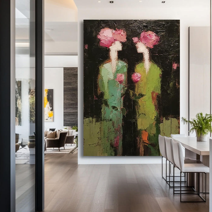 Green Gowns and Rose Hearts modern abstract botanical personage oil painting by Hues Art Lab