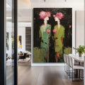 Green Gowns and Rose Hearts modern abstract botanical personage oil painting by Hues Art Lab